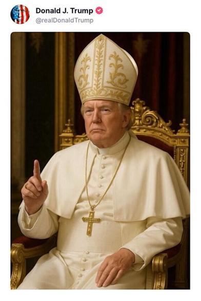 DJT, aka King Knucklehead, in an AI portrayal of himself as Pope as posted on his Truth Social site.