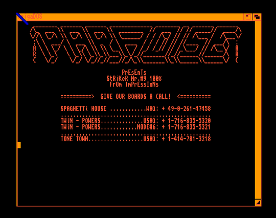 Screenshot of "Striker Number 9" - Crack: Paradise (PRD) - Published by Impressions on Commodore Amiga (1990)