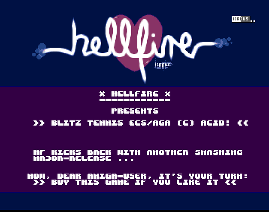 Screenshot of "Center Court" - Crack: Hellfire (HF) - Published by Acid on Commodore Amiga (1995)