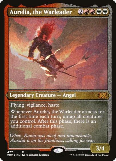 Card Name: Aurelia, the Warleader
Set: Double Masters 2022
Description: Flying, vigilance, haste
Whenever Aurelia attacks for the first time each turn, untap all creatures you control. After this phase, there is an additional combat phase.
Artist: Slawomir Maniak