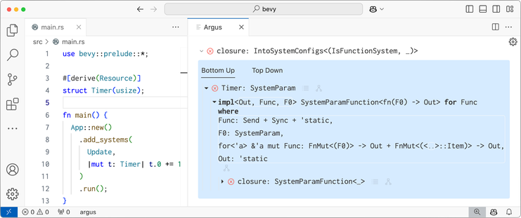 A screenshot of the Argus tool for visualizing trait inference. It shows a VSCode panel with a Bevy program on the left containing a type error related to the `SystemParam` trait, and an Argus visualization of that error on the right.