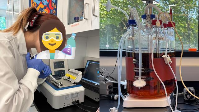 A girl leaning over a machine with a pipette, wearing gloves and a lab coat. Next to this is a photo of a large glass jar with a lot of tubes running into it and half full of a transparent orange-brown liquid.