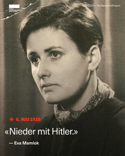 Sharepic mit einem Portraitfoto von Eva Mamlok und dem Zitat: «Nieder mit Hitler.» — Eva Mamlok