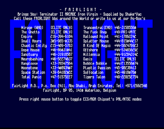 Screenshot of "Terminator 2 - The Arcade Game" - Crack: Fairlight (FLT) - Published by Virgin on Commodore Amiga (1993)