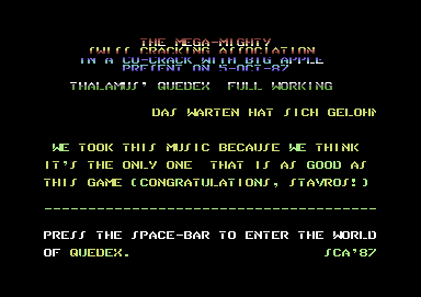 Screenshot of "Quedex" - Crack: Swiss Cracking Association (SCA) - Published by Thalamus on Commodore 64 (1987)