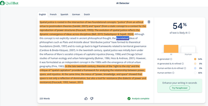 A screenshot showing 54% chance that some of a recent academic abstract from a paper in Science Direct is written by AI. 