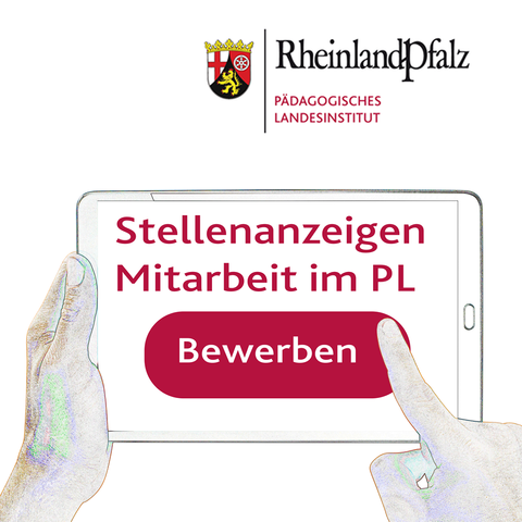 Illustration Bewerbungsvorgang, Finger klickt auf Button bewerben unter Stellenanzeigen und Mitarbeit im PL