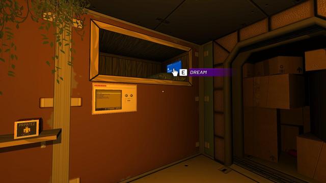 screenshot from outside Nina's bunk in her habitat: a rectangular recess in the wall of a warmly lit room, above head height. beneath it is a radio set into the wall. nearby is a room filled with boxes.