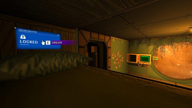 screenshot from inside the bunk, with a pillow and a screen set into one wall. it seems cramped. on the far side of the room is the ship's view window, next to a computer where you check your emails.