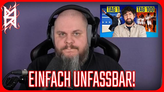 Spike sitzt mit ernstem Blick und Kopfhörern vor einem Mikrofon. Im Hintergrund ist eine violette Wand zu sehen. Oben links befindet sich Spikes weißes Binderunen-Logo auf rotem Grund, das das Wort „Spike“ symbolisiert. Oben rechts ist ein eingeblendetes Thumbnail vom Kanal RobBubble mit den Beschriftungen „Tag 1“ und „Tag 100“ zu sehen. Unten steht in großen roten Buchstaben: „EINFACH UNFASSBAR!“