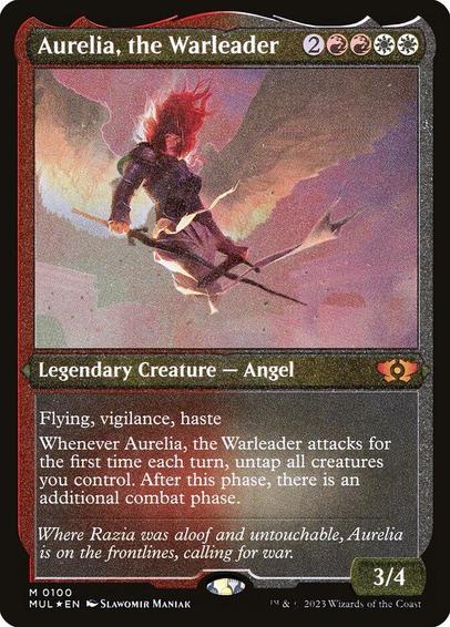 Card Name: Aurelia, the Warleader
Set: Multiverse Legends
Description: Flying, vigilance, haste
Whenever Aurelia attacks for the first time each turn, untap all creatures you control. After this phase, there is an additional combat phase.
Artist: Slawomir Maniak
