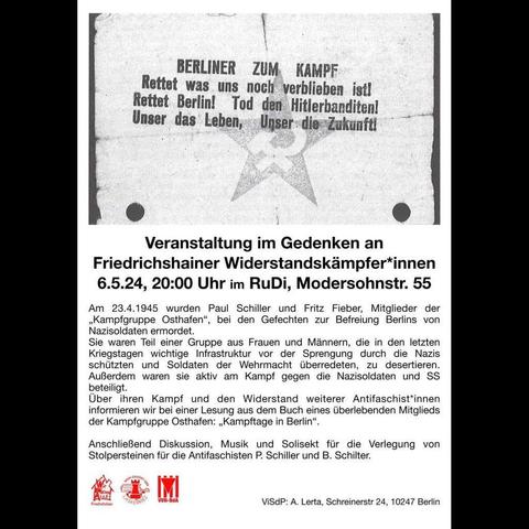 Veranstaltung in Gedenken an Friedrichshainer Widerstandskämpfer*innen

2024

#gedenken #b0605 #berlinposter #politicalposter #friedrichshain #paulschiller #fritzfieber