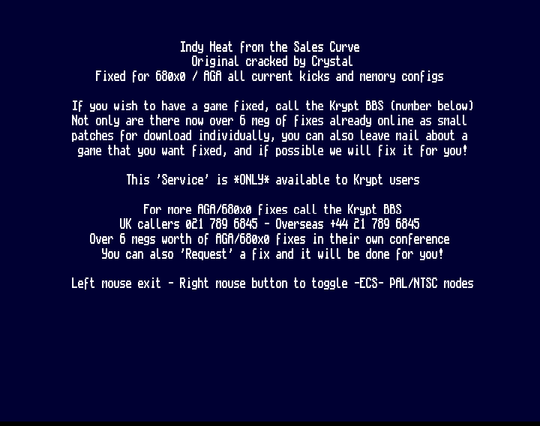 Screenshot of "Indy Heat" - Crack: Crystal (CSL) - Published by Sales Curve on Commodore Amiga (1992)