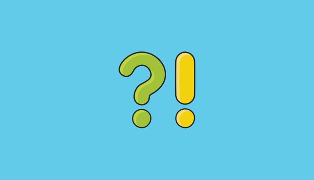 A large question mark in two shades of bright green and a large exclamation mark is in two shades of bright yellow. Both sit on a bright blue background.
