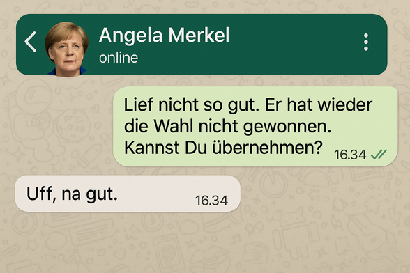 Spaß-Bild
WhatsApp-Verlauf

Ich: „Lief nicht so gut. Er hat wieder die Wahl nicht gewonnen. Kannst Du übernehmen?“ Angela Merkel: „Uff, na gut.“