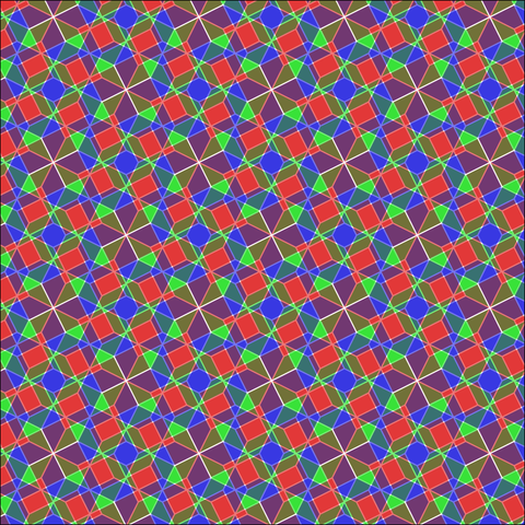 Repeating pattern of colorful shapes with an almost kaleidoscopic effect. There are some red rectangles "spilling" into smaller rectangles at their corners, across a mess of green and blue triangles. Meanwhile, large squares split into 8 sections of alternating dark yellow and dark purple repeat every so often, floating untouched on the sea of shapes.