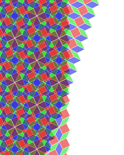 The edge of the repeating pattern from last image takes the left half of this one. The right half is two identical rotated patterns that combine to form it; each made out of a red square a thin green rhomus and a thicker blue one.