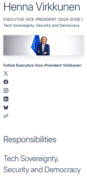 Picture Henna Virkkunen on EU website. With statement: 'Executive Vice-President for Tech Sovereignty, Security and Democracy, Henna Virkkunen is tasked with combatting the increasingly complex security threats facing the EU.'