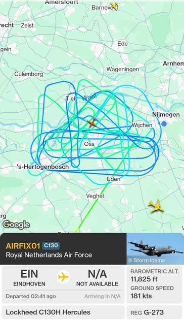 Map of the very long flightpath of a C130 Hercules transport aircraft of the Dutch airforce, just circling over the Netherlands. Yay fossil fuels!