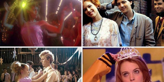 Title card for the Video Store Podcast, featuring images from Prom Night (1980), Pretty in Pink (1986), Napoleon Dynamite (2004), and Mean Girls (2004).
