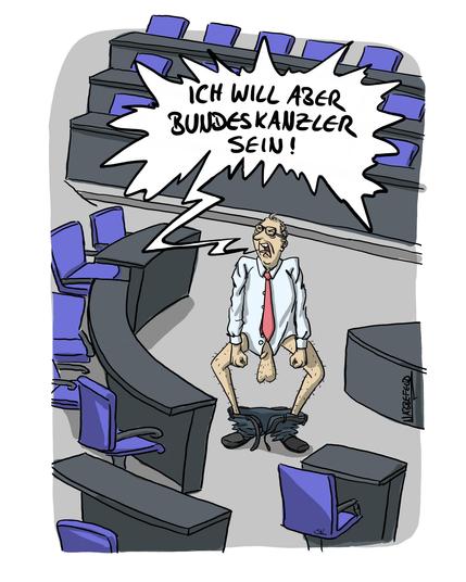 Friedrich Merz steht mit heruntergezogener Hose und blanken Hoden im leeren Bundestagssaal , ballt die Fäuste und ruft: "Ich will aber Bundeskanzler sein!"