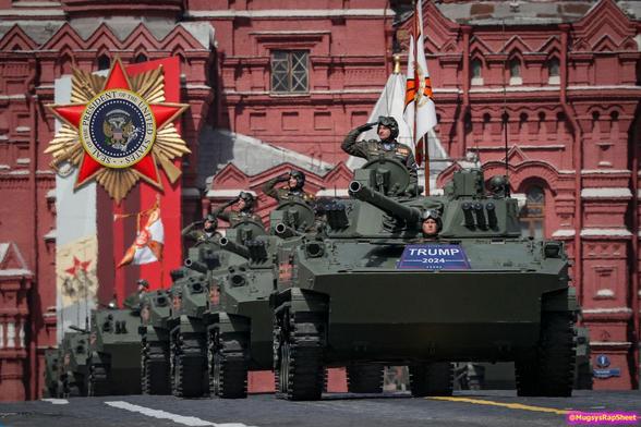 Soviet parade in Moscow with military vehicles made to look like a Trump parade.
