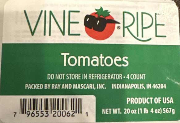 Label of Vine Ripe tomatoes, which are currently subject to recall for salmonella risk.