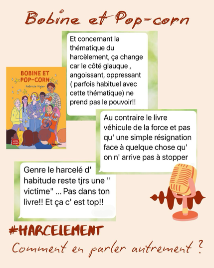 Copie d’écran de sms au sujet du roman « bobine et popcorn », couverture du livre et dessin de micro avec ondes sonores