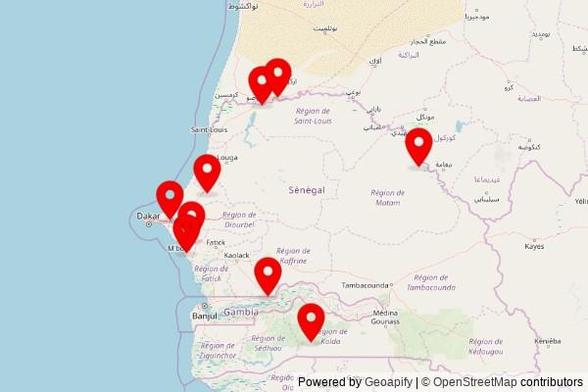 A map showing every place of worship we have visited so far in Senegal including:
Grande Mosquée de Gaé in Gaé
Paroisse Saint Michel in Ndiaganiao
Mosquée de Diandioli in Communauté rurale de Ogo
Paroisse Saint Joseph Ouvrier de Richard-Toll in Richard-Toll
Saint Benoit l' africain in Communauté rurale de Nguéniène
Mosquée de Ngéoul louto in Communauté rurale de Mérina Dakhar
Grande Mosquee Keur Ayip Gueye in Communauté rurale de Médina Sabakh
Mosquée de Khoutane Sérére in Commune de Sébikhotane
Catholic Church in Kolda