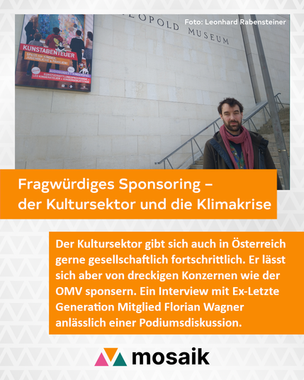 Bewerbungsslide des Artikels "Fragwürdiges Sponsoring" mit einem Bild von Florian Wagner vor dem Leopold Museum.