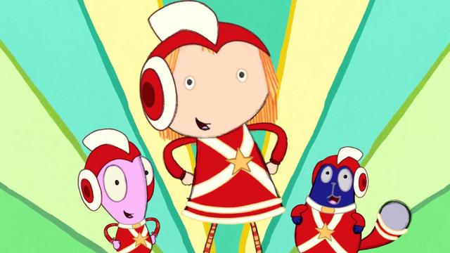 The cast of PBS Kids' "Peg + Cat", dressed in Adam Strange-like "space superhero suits."