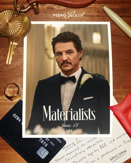 Promo pic for The Materialists which starts June 13th.
We see a picture of Pedro Pascal as his character in a black tux, white shirt, black bow tie and a white lily on his lapel. He has a mutache. The pictures lies on the surface of a wooden table. Next to it lie a black credit card, a golden ring, a golden key on a key chain, a white pen and a piece of paper with handwriting on it saying: "Harry C: Never married. No children. Incredibly attractive. Private equity $$$, old money. Owns a penthouse in Trib... UNICORN"