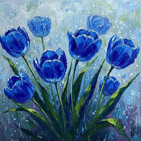 Vivid blue tulips emerge against a softly blurred background, their petals painted with dynamic strokes. The lush green stems and leaves add contrast and depth to the floral display.