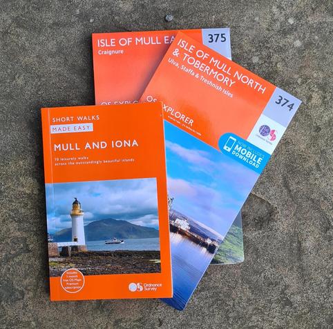 A picture of the book mentioned in the post "Short Walks Made Easy: Mull & Iona", along with Ordnance Survey maps of Mull.