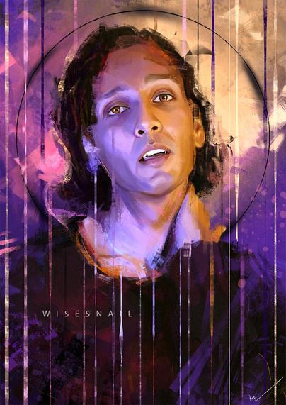 Portrait of Assad Zaman as Armand. His head is slightly tilted, and he's holding the side of his neck with his left arm. His mouth is partly open, showing his fangs. A black halo surrounds his head, and contrasts with the yellow and purple background.
