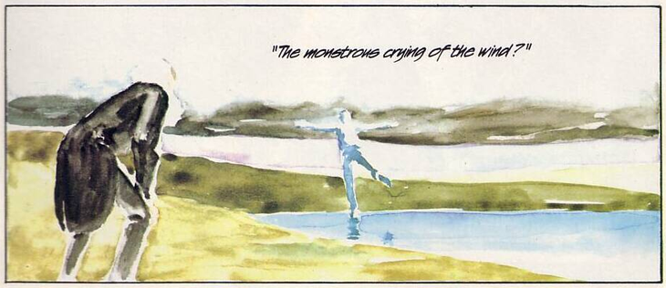 Comic panel in painted artwork (colour): A boy dancing in a field while an old man watches him. The caption reads: "The monstrous crying of wind?".