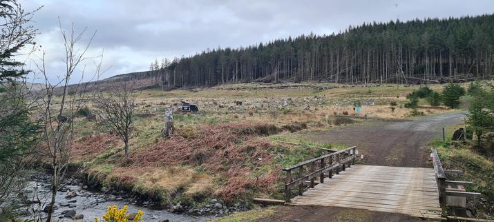 A small black van on some hardstanding is dwarfed by the landscape around it - moorland hills and pine trees.