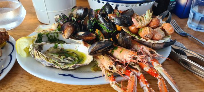 A large shellfish platter for one person at a restaurant. Three langoustines at the front draw the eye, but there are also oysters, squat lobster tails, large crab claws and a mountain of mussels. There was also a shell full of queen scallops and a whole velvet crab under the mussels.