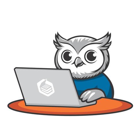 LibreTexts mascot, Benny the Owl, wearing a blue shirt and sitting behind a laptop that rests on a orange desktop 