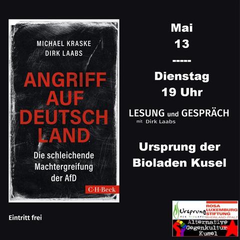Sharepic mit den Daten aus dem Tröt. Das Sharpic zeigt das Buch aus der Lesung. Dieses ist schwarz mit roter und weißer Schrift. Als zweite*r Autor*in ist Michael Kraske angegeben. 
Außerdem steht dort, dass der Eintritt frei ist. Unten rechts in der Ecke ist das Logo von "Alternative Gegenkultur Kusel".