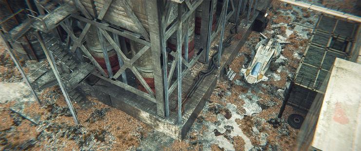 Wide shot, exterior, day -

A small, 3-person flyer hovers in a narrow opening between two abandoned buildings in a Russian industrial site. The ground is covered in trash and debris, but the structures themselves are intact.