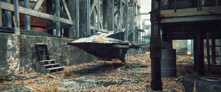 Wide shot, exterior, day -

A small, 3-person flyer hovers in a narrow opening between two abandoned buildings in a Russian industrial site. The ground is covered in trash and debris, but the structures themselves are intact.