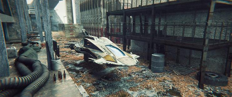 Wide shot, exterior, day -

A small, 3-person flyer hovers in a narrow opening between two abandoned buildings in a Russian industrial site. The ground is covered in trash and debris, but the structures themselves are intact.
