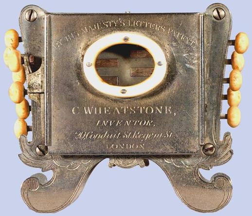 Antique Victorian instrument. Charles Wheatstone’s Symphonium. It looks like a small metal box with a mouth hole you blow into and small buttons on the side. The mouth hole rim and the buttons appear to be of bone or ivory.