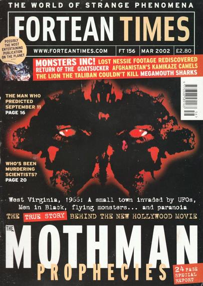 The front cover of Fortean Times: The Journal of Strange Phenomena No 156 for March 2002, featuring a red, white and black illustration of a mask-like face with glowing red eyes to represent the feature article about the Mothman Prophecies.