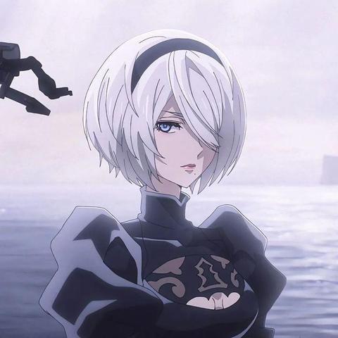 An elegant anime character with short white hair and blue eyes, wearing a dark, intricate outfit. The background features a serene seascape.