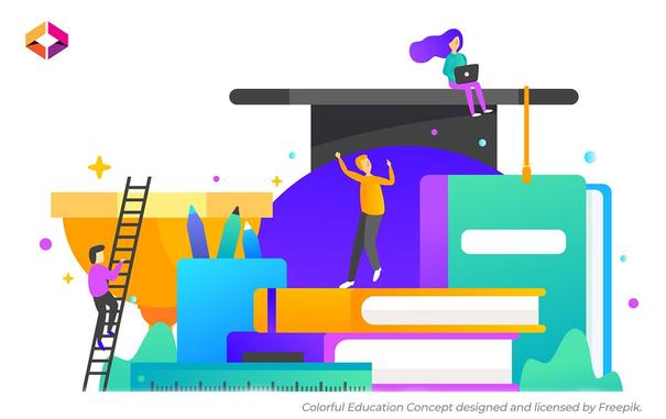 Colorful illustration of learners participating and celebrating education.