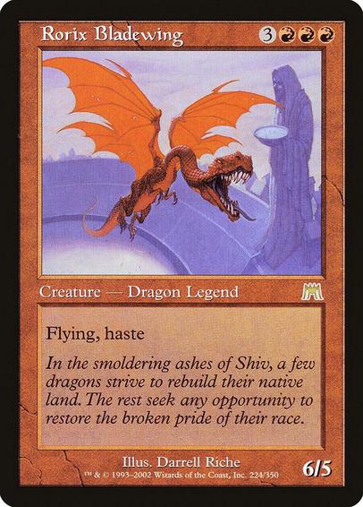 Card Name: Rorix Bladewing
Set: Onslaught
Description: Flying, haste
Artist: Darrell Riche