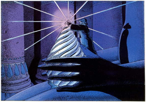 Comic panel: A person wearing a hat places an object over a kind of large spiral cone. Rays of light emanate from the object. The cone is, in turn, held by larger hands,  like a replica of the person's own hands, as in a double plane. The scene takes place between columns, in a dark environment, with shadows and bluish and violet colours.