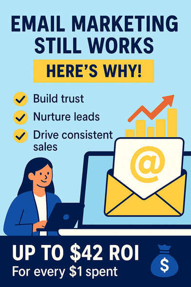 A flat digital illustration infographic promoting email marketing. The image features an envelope with a megaphone symbol, graphs showing growth, and digital icons like message bubbles and charts, all in clean, modern colors representing digital communication and online engagement